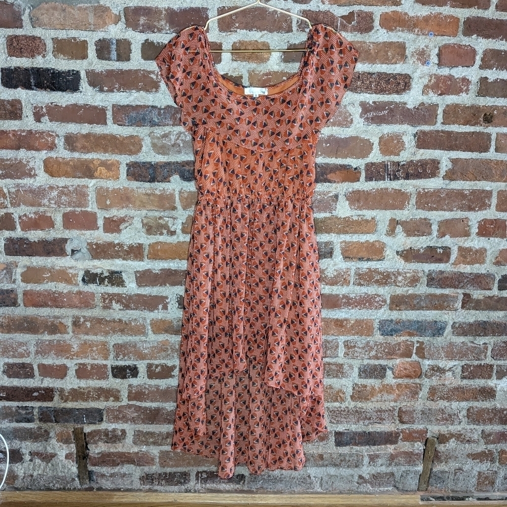 PNIINA Medium Orange Abstract Asymmetrical Off the Shoulder Lined Dress‎